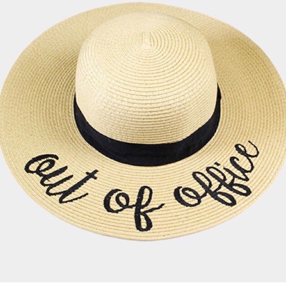C&C Out of Office Cream Straw Sun Hat with Black Script and Hatband